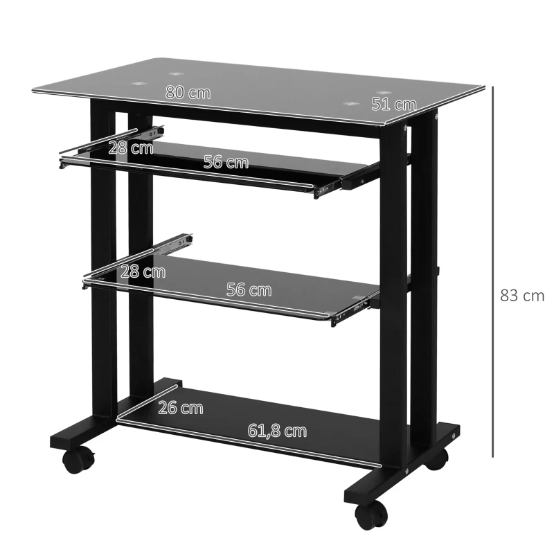 HOMCOM computertafel hoekbureau hoek bureau kantoor tafel PC moderne eenvoudige stijl gehard glas ijzeren pijp zwart 80 x 51 x 83 cm