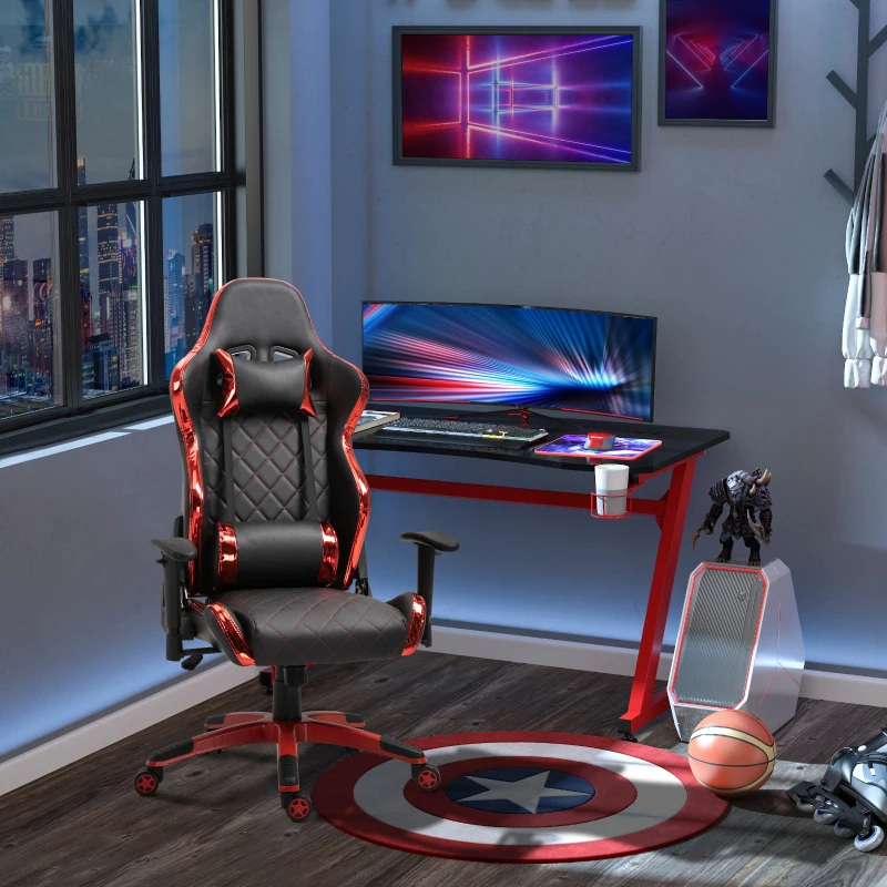 Vinsetto PU Leather Holographic Accent Gaming Chair w/ Pillows Red