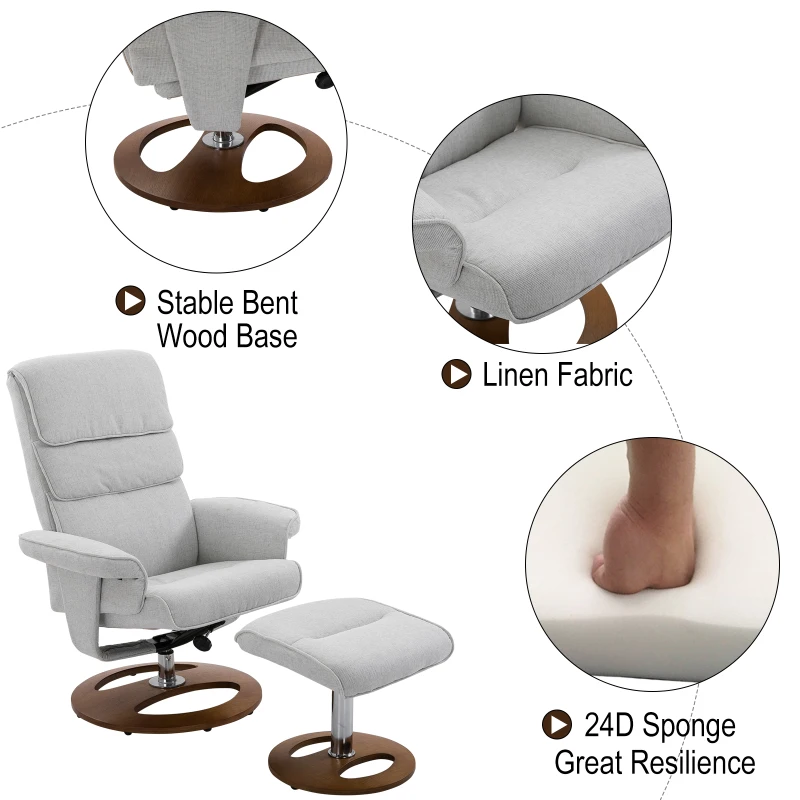 HOMCOM Recliner Chair Ottoman Set, Bent Wood Base-Grey
