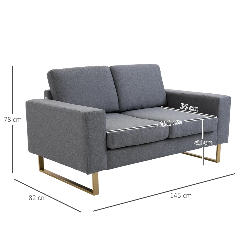HOMCOM Modern Double Seat Sofa Compact Loveseat Couch Padded Linen Upholstery Steel Leg Grey