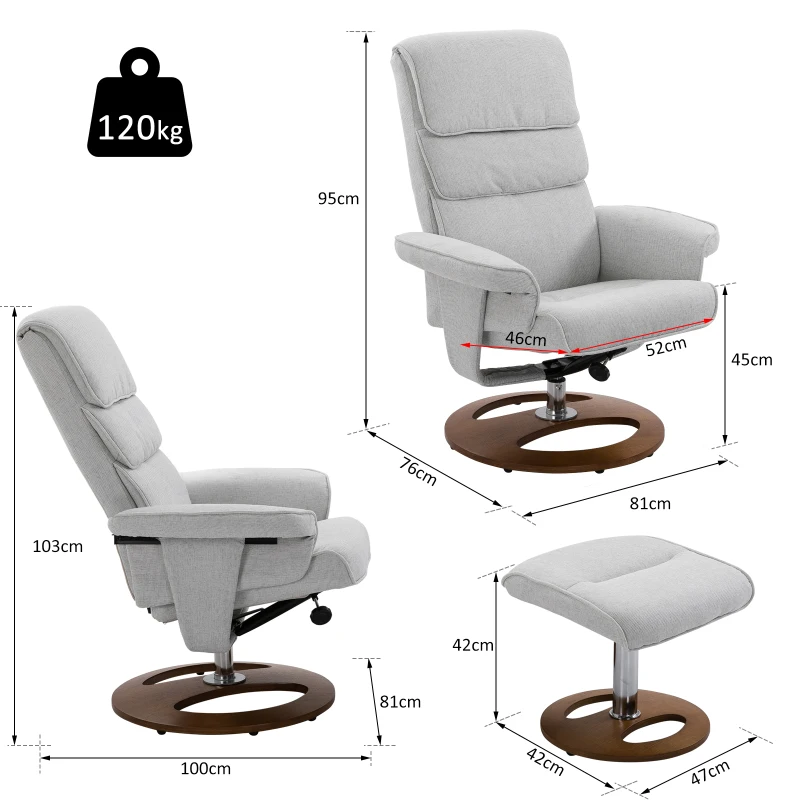 HOMCOM Recliner Chair Ottoman Set, Bent Wood Base-Grey