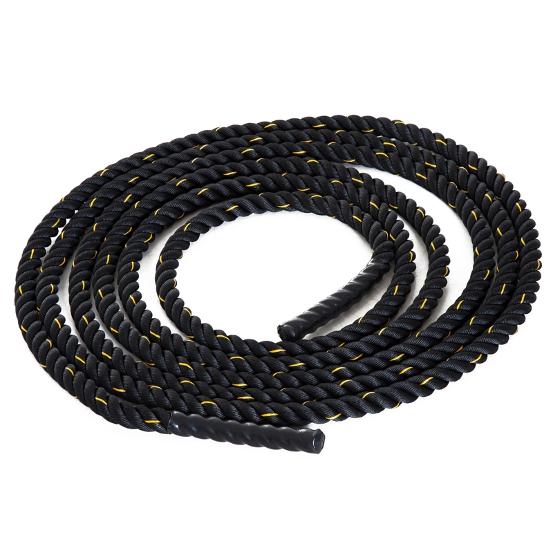 HOMCOM trainingstouw fitnesstouw schommeltouw met warm krimpende handgrepen, waterdicht, weerbestendig en schijfvast voor spieropbouw kracht uithouding crossfit 100% polyester zwart + geel Ø 38 mm x 9 m