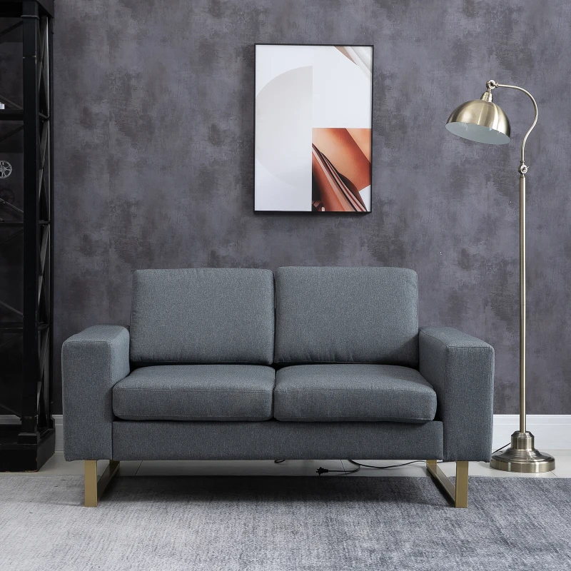 HOMCOM Modern Double Seat Sofa Compact Loveseat Couch Padded Linen Upholstery Steel Leg Grey
