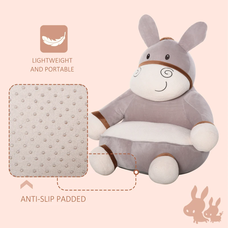 HOMCOM Toddlercouch, Cartoon Cute Donkey Multi-functional with Armrest Flannel PP Cotton 60 x 55 x 60cm Grey