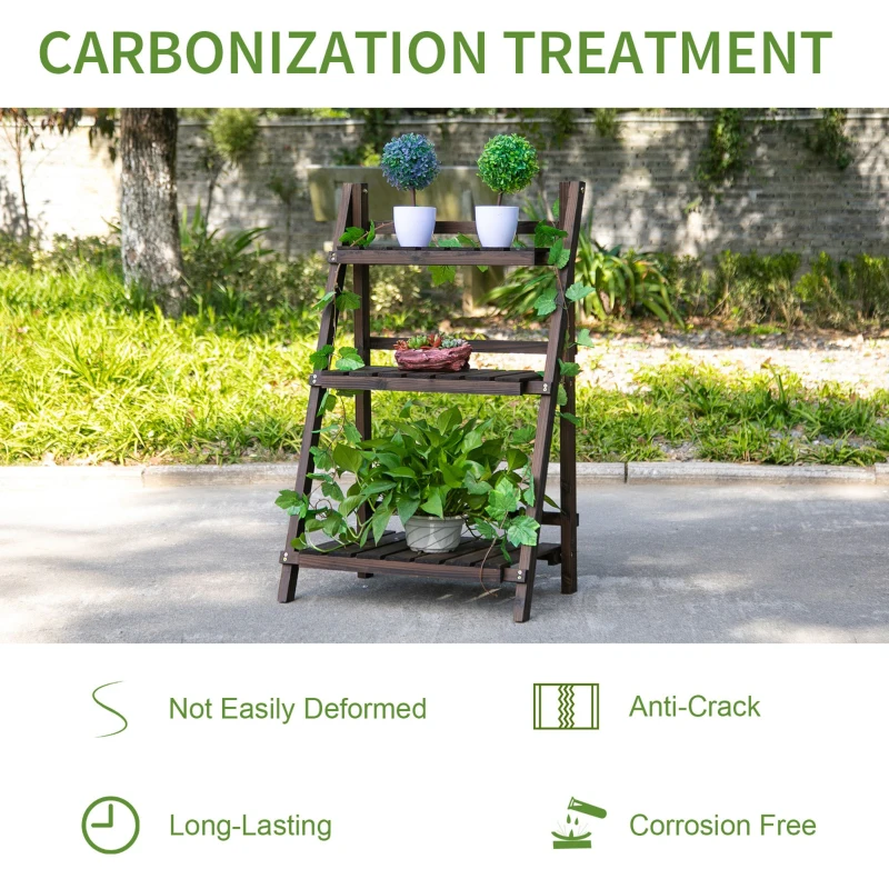 Outsunny 3-Tier Wooden Plant Shelf Foldable Flower Pots Holder Stand Indoor Outdoor