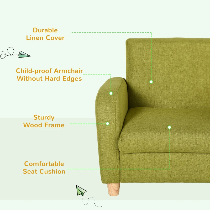 HOMCOM Childrens Armchair, Toddlercouch, Wood Frame, Linen Armchair - Green