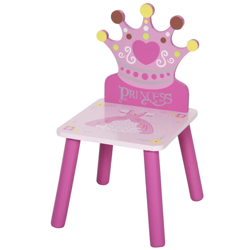HOMCOM 3 Pcs Kids and Table Chair Set Princess & Crown Theme Home Furniture Pretty Gift Pink