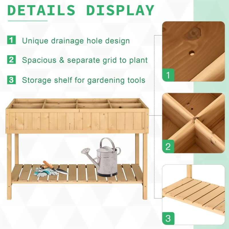 Outsunny Fir Wood Rectangular Raised Bed 76Hx110Lx46W cm 8 Compartment Planter Boxt with Bottom Shelf Oak Tone