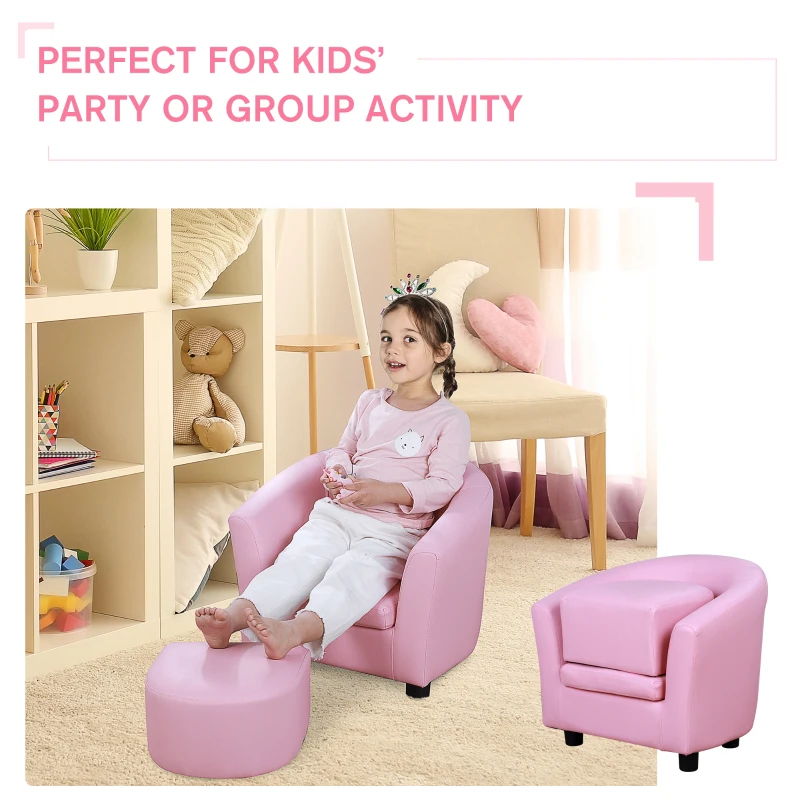 HOMCOM Kids PVC Upholstered Armchair w/ Foot Stool Pink