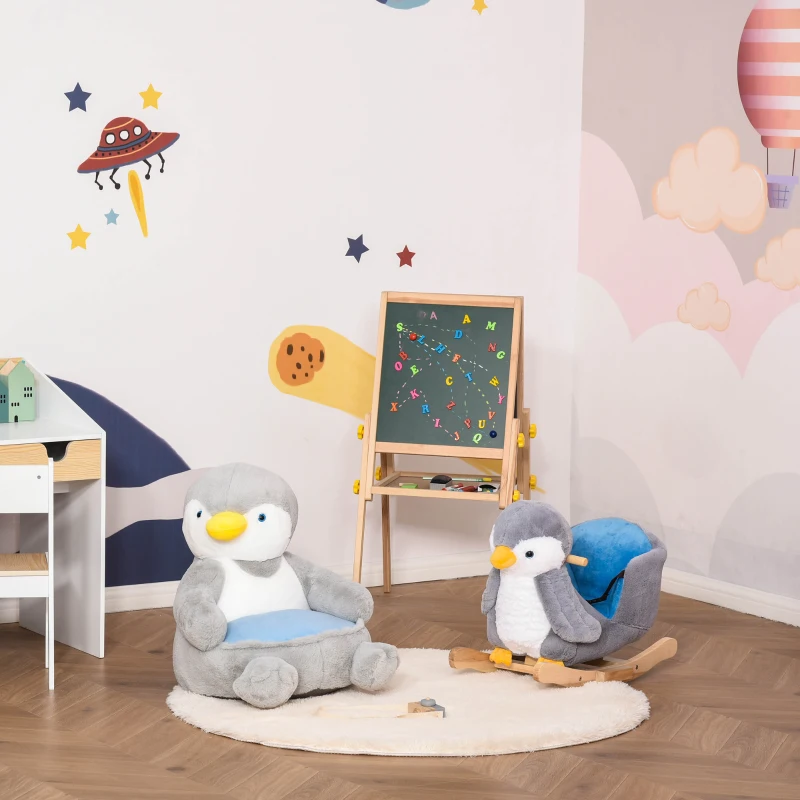 HOMCOM Animal Kids Sofa Chair Cartoon Cute Penguin Plush Armchair for 18-36 months Grey