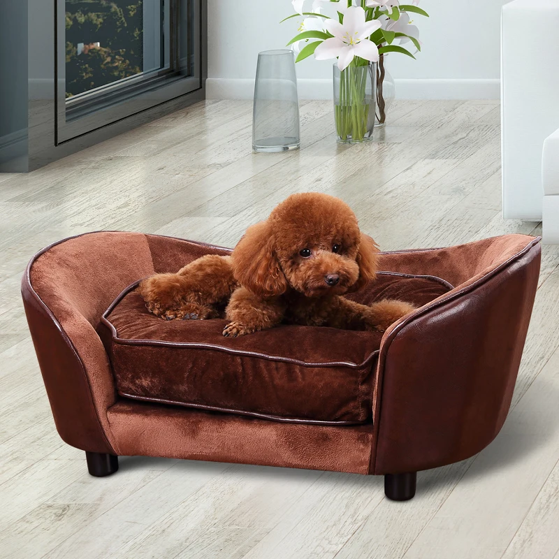 PawHut Dogs Wooden Flannelette Upholstered Indoor Sofa Bed w/ Cushion Brown