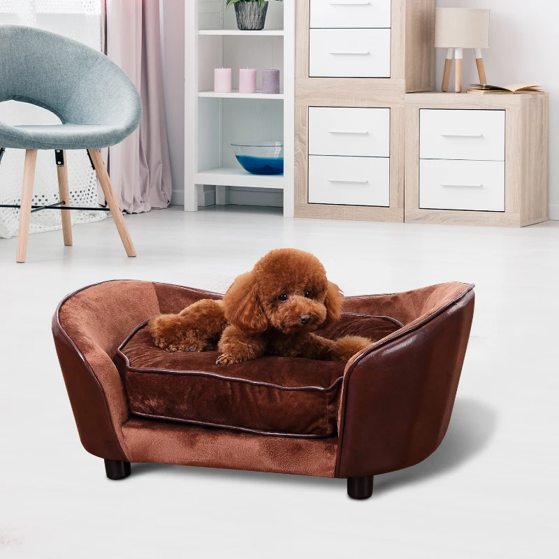 PawHut Dogs Wooden Flannelette Upholstered Indoor Sofa Bed w/ Cushion Brown