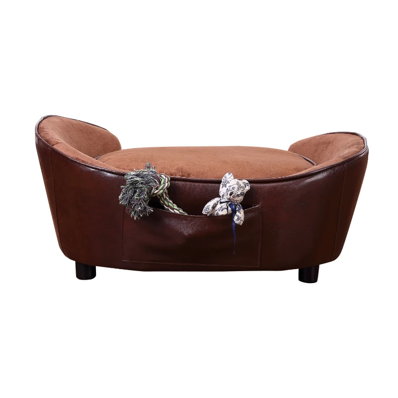 PawHut Dogs Wooden Flannelette Upholstered Indoor Sofa Bed w/ Cushion Brown