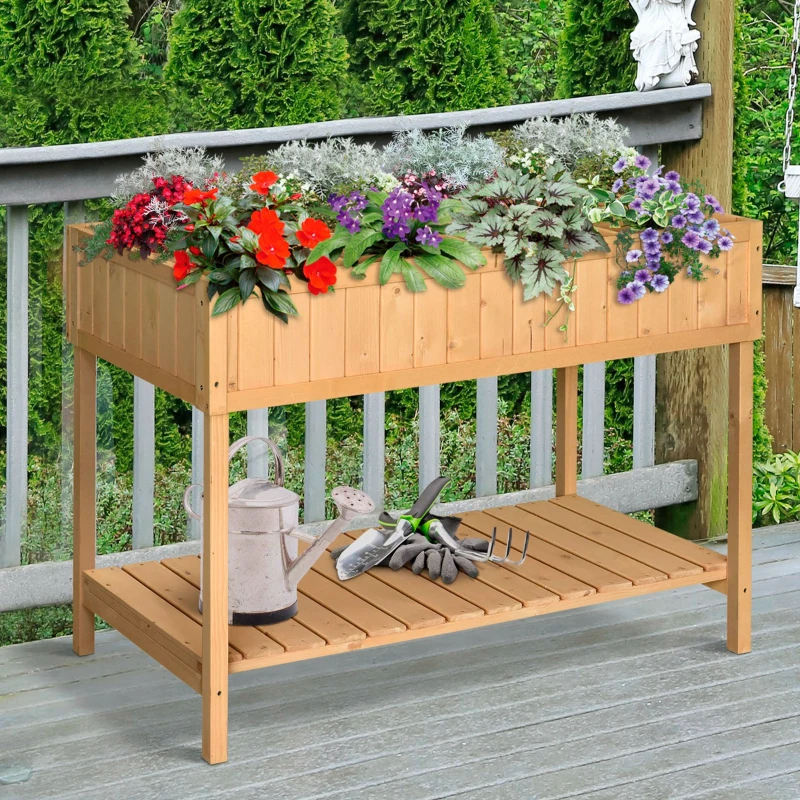 Outsunny Fir Wood Rectangular Raised Bed 76Hx110Lx46W cm 8 Compartment Planter Boxt with Bottom Shelf Oak Tone