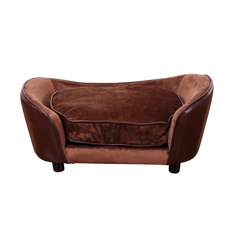 PawHut Dogs Wooden Flannelette Upholstered Indoor Sofa Bed w/ Cushion Brown