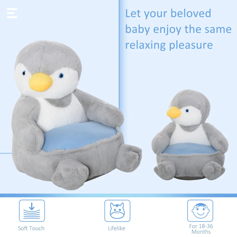 HOMCOM Animal Kids Sofa Chair Cartoon Cute Penguin Plush Armchair for 18-36 months Grey