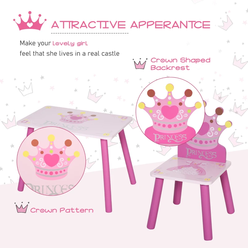 HOMCOM 3 Pcs Kids and Table Chair Set Princess & Crown Theme Home Furniture Pretty Gift Pink