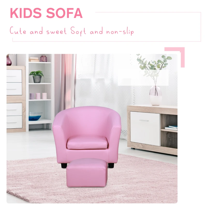 HOMCOM Kids PVC Upholstered Armchair w/ Foot Stool Pink