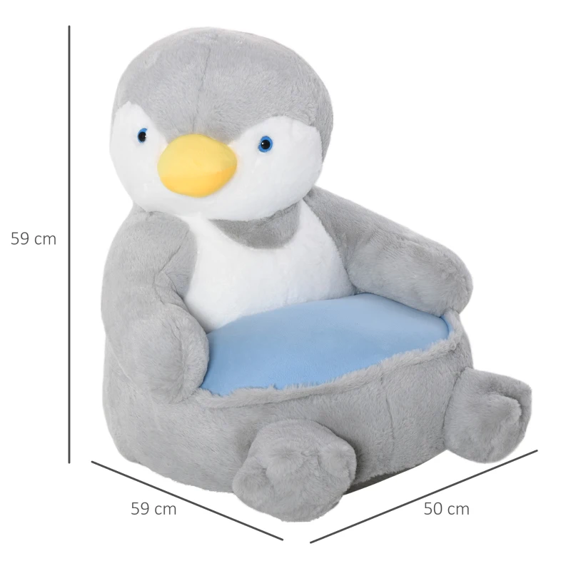 HOMCOM Animal Kids Sofa Chair Cartoon Cute Penguin Plush Armchair for 18-36 months Grey