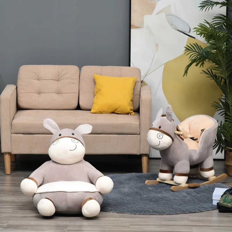 HOMCOM Toddlercouch, Cartoon Cute Donkey Multi-functional with Armrest Flannel PP Cotton 60 x 55 x 60cm Grey