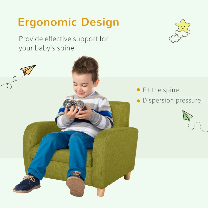 HOMCOM Childrens Armchair, Toddlercouch, Wood Frame, Linen Armchair - Green