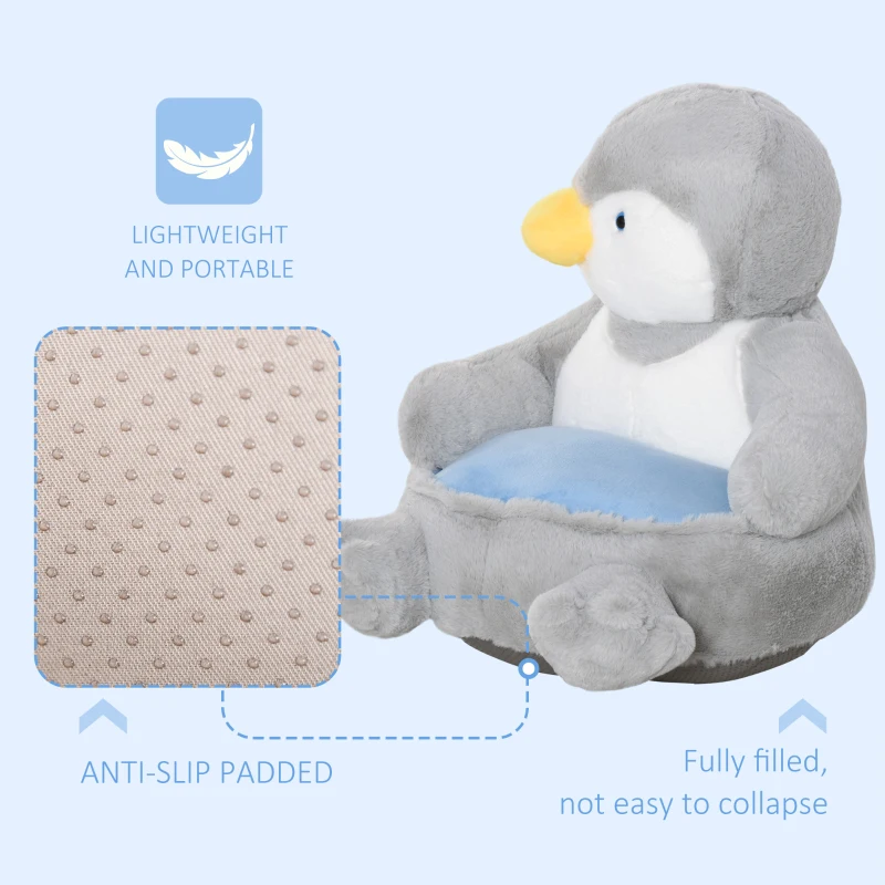 HOMCOM Animal Kids Sofa Chair Cartoon Cute Penguin Plush Armchair for 18-36 months Grey