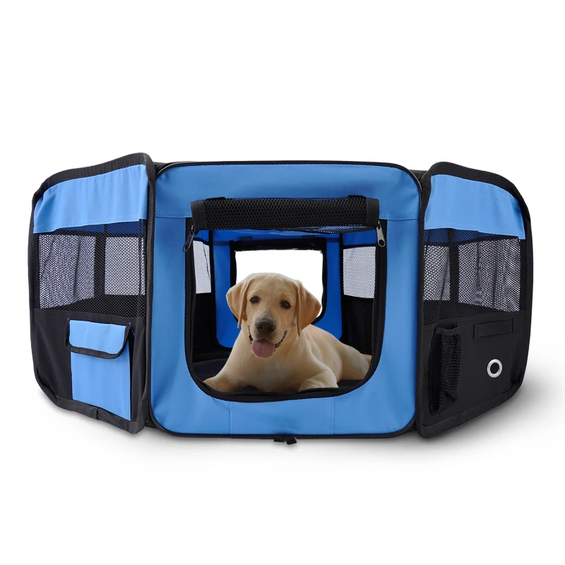 PawHut Portable Cat Dog Playpen Pet Puppy Rabbit Guinea Pig Pen Run Dia 90 x 41H cm Indoor & Outdoor Blue