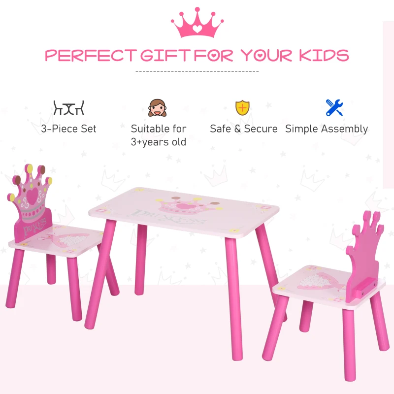 HOMCOM 3 Pcs Kids and Table Chair Set Princess & Crown Theme Home Furniture Pretty Gift Pink