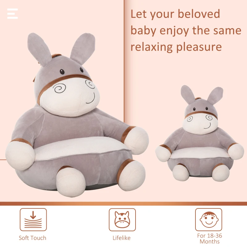 HOMCOM Toddlercouch, Cartoon Cute Donkey Multi-functional with Armrest Flannel PP Cotton 60 x 55 x 60cm Grey