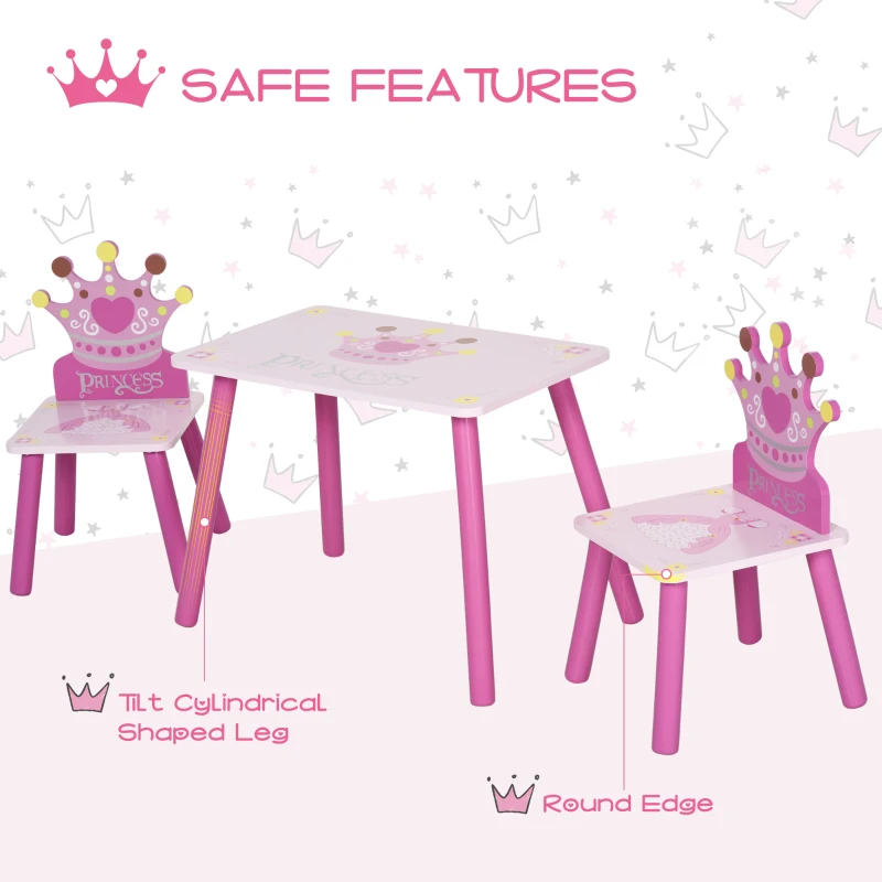 HOMCOM 3 Pcs Kids and Table Chair Set Princess & Crown Theme Home Furniture Pretty Gift Pink