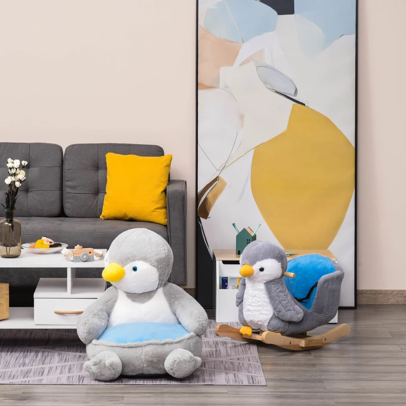 HOMCOM Animal Kids Sofa Chair Cartoon Cute Penguin Plush Armchair for 18-36 months Grey