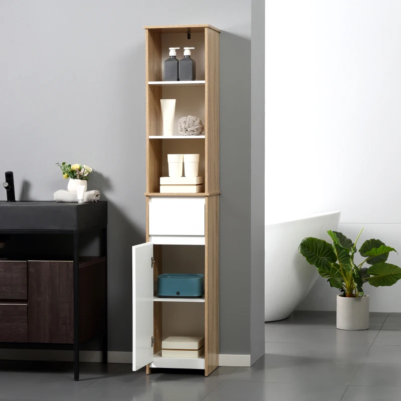 Kleankin badkamerkast badkamermeubel met veranderbare schappen staande kast met 3 open lagen stelling kast lade omslagdesign ruimtebesparend MDF naturel hout + wit 32,6 x 30 x 171,2 cm