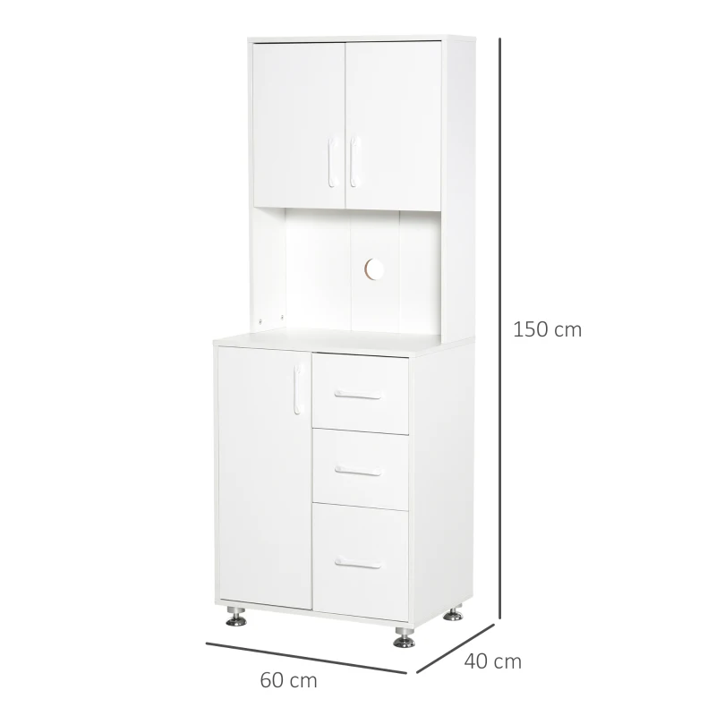 HOMCOM keukenkast met 2 deuren schap magnetron-schap hoge kast met onderkast en 3 lades commode spaanplaat staal wit 60 x 40 x 150 cm