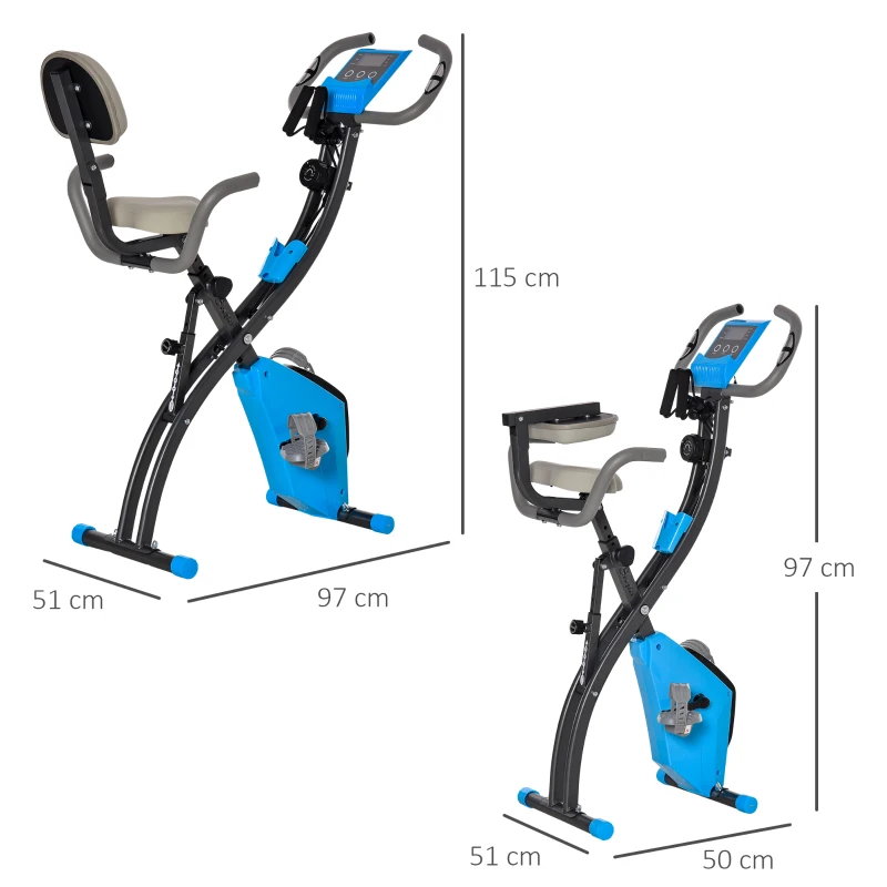 HOMCOM hometrainer 2-in-1 fietstrainer LCD display opvouwbare hometrainer hometrainer met 8 niveaus instelbare magnetische weerstand en 1 paar spankoorden blauw+grijs 97x51x115 cm
