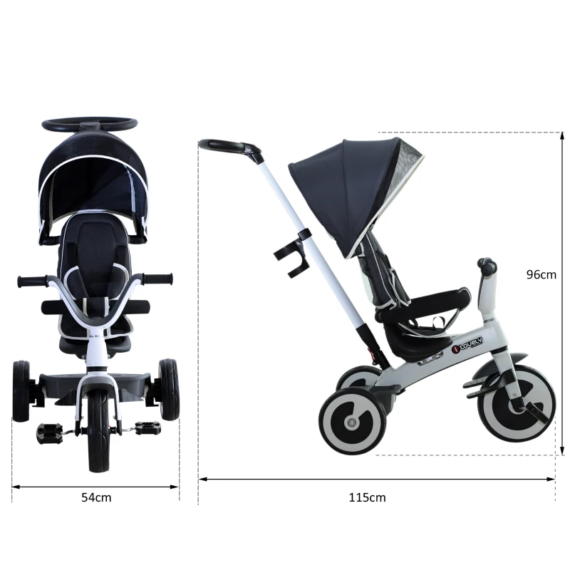 HomCom® Triciclo Bebé 4 en 1 Trolley Trike Bicicletas para Niños +18 Mes Evolutivo Capota Barra y Pedales Desmontables Gris