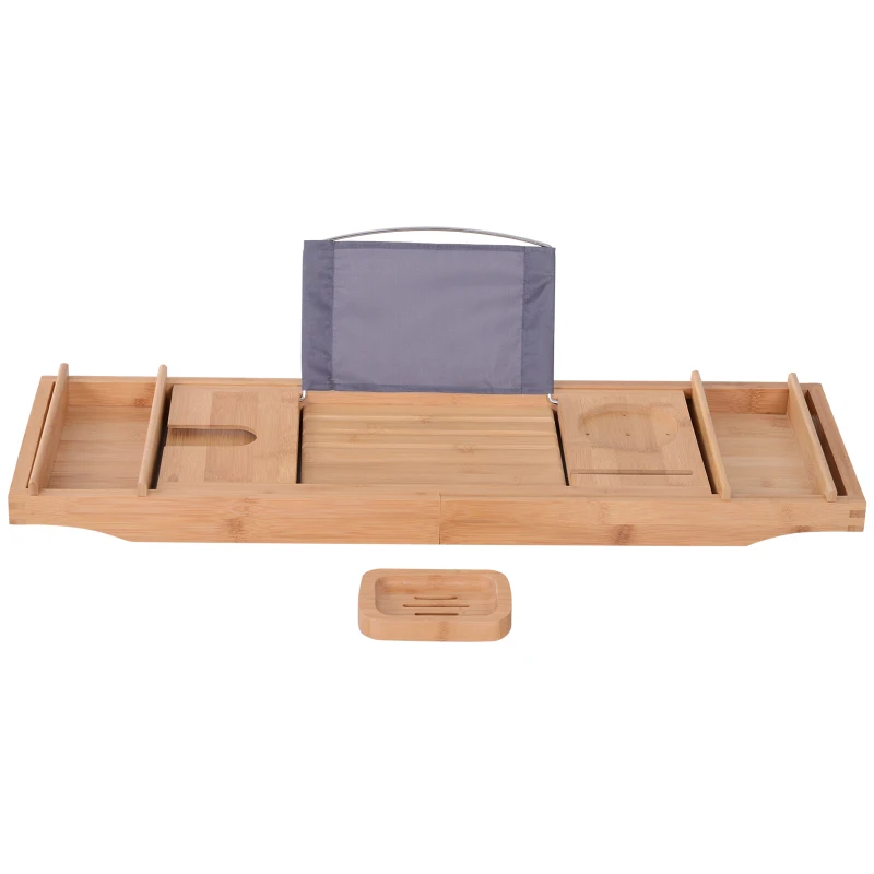 kleankin Bandeja de Baño Bañera de Bambú Extensible con Jabonera Toallero Soporte para Copa de Vino Soporte de Tableta Teléfono Libros 73.5-108x23x6cm