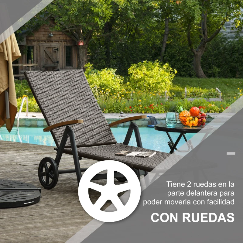 Outsunny Tumbona de Jardín de Ratán 192x74x55 cm con Respaldo Reclinable en 7 Posiciones Reposabrazos y Ruedas Marco de Aluminio para Patio Terraza Balcón Marrón