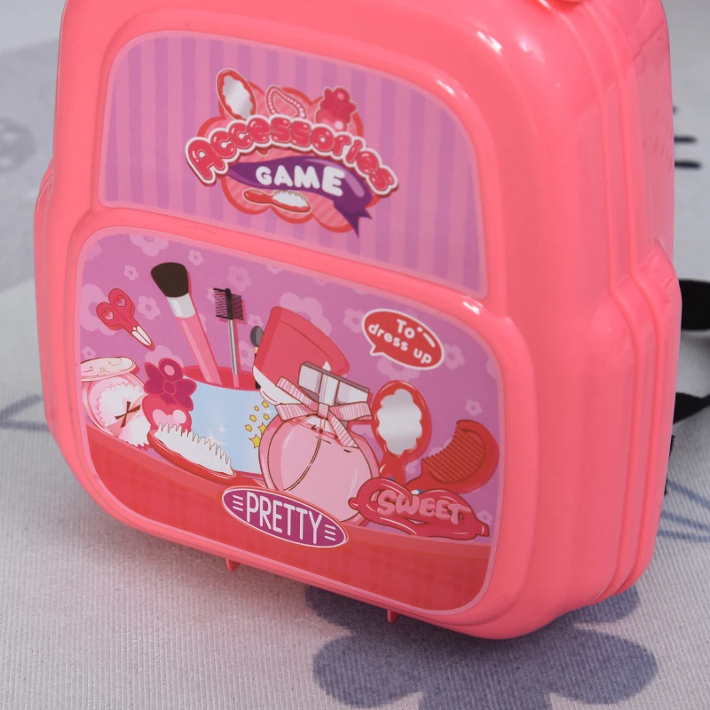 HOMCOM Maletín de Belleza para Niñas de +3 Años Juguete de Peluquería Diseño 3 en 1 Mochila Bolso Mesa con Espacio de Almacenaje 30x28x30 cm Rosa