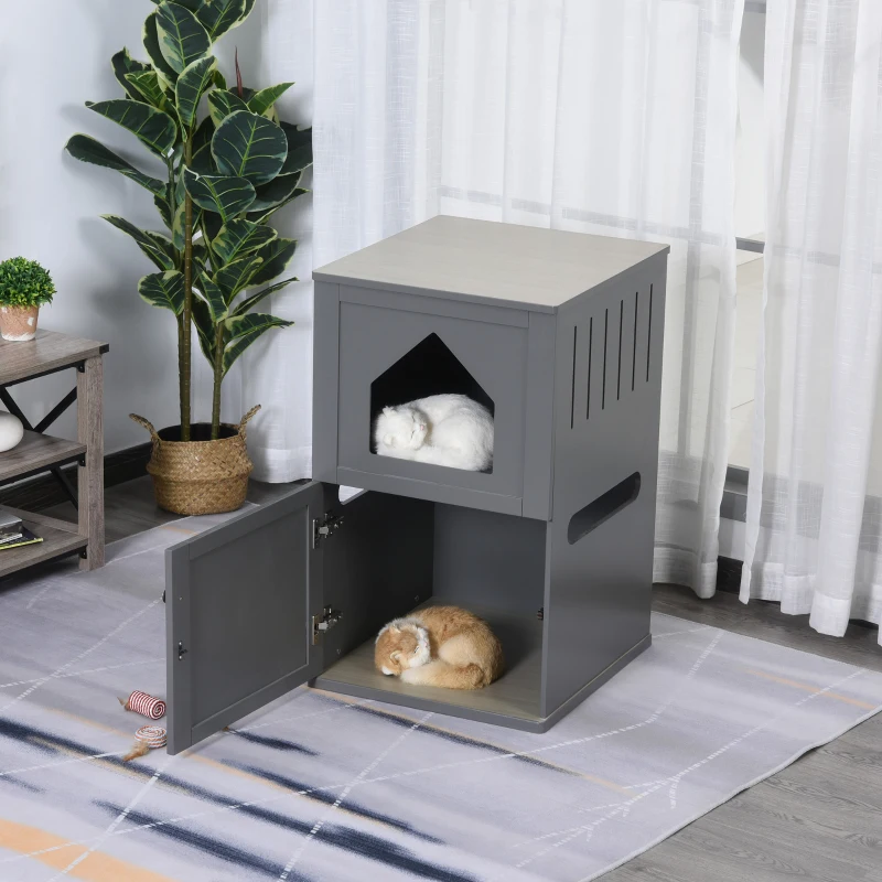 PawHut Double-Decker Cat Litter Box 2 Story Pet Crate Luxury Toilet House, Grey