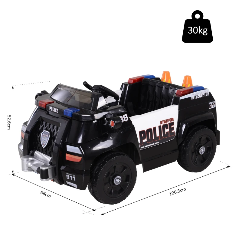 HOMCOM Coche de Policía Eléctrico para Niño con Mando a Distancia Vehículo de Policía con Música y Luces Doble Apertura de Puerta Batería 6V Carga 30kg 106.5x66x52.6cm 3 Años+