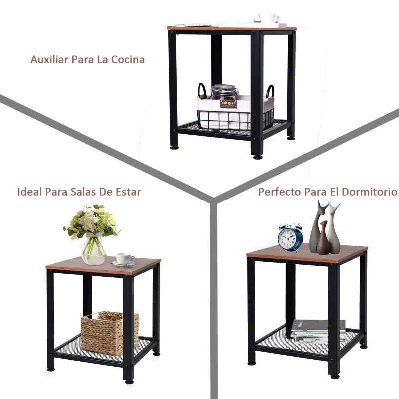 HOMCOM Mesa Auxiliar con Estante Inferior Estilo Industrial Rústico Mesa de Café Elegante Mesa de Sala y Dormitorio Carga 30 kg 45x45x55cm Marrón y Negro