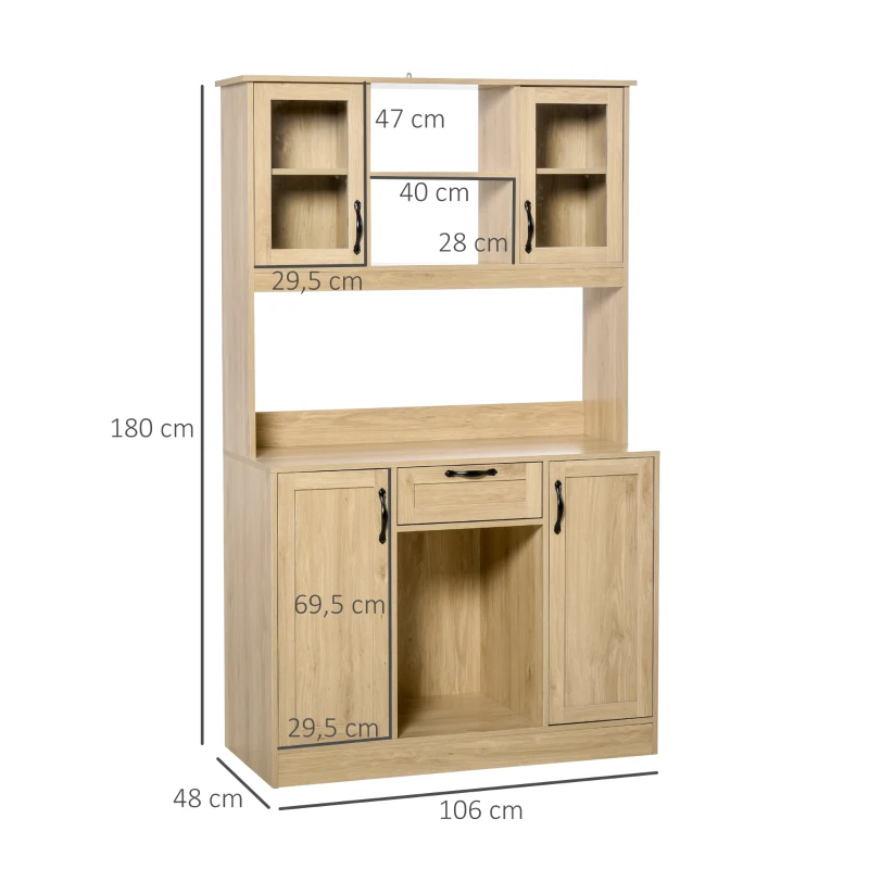 HOMCOM Alacena de Cocina Aparador Comedor para Microondas con Botellero Cajón 2 Estantes Abiertos y 4 Armarios con Puerta 106x48x180 cm Roble