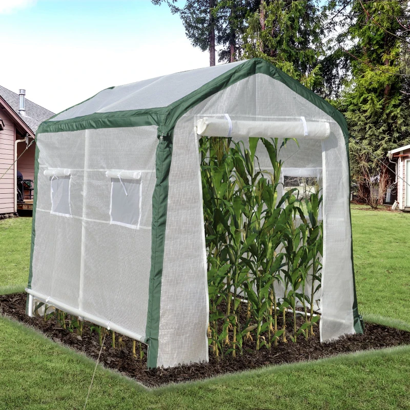 Outsunny Invernadero de Jardín 240x180x200 cm Túnel con 4 Ventanas y Puerta Enrollable para Cultivo de Plantas Flores Verduras Cubierta PE y Marco Acero Blanco