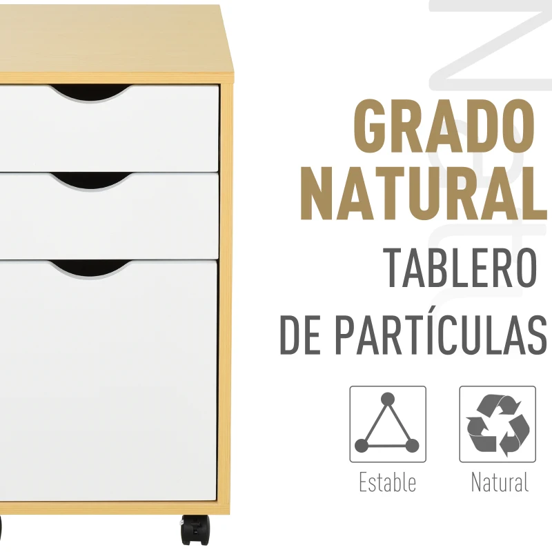 HOMCOM Gabinete de Archivo Armario Aparador para Oficina Estudio con 3 Cajones 4 Ruedas Giratorias Diseño Minimalista Nórdico Antideslizante Carga Total 30 kg 35x40x65,5 cm Madera Blanco