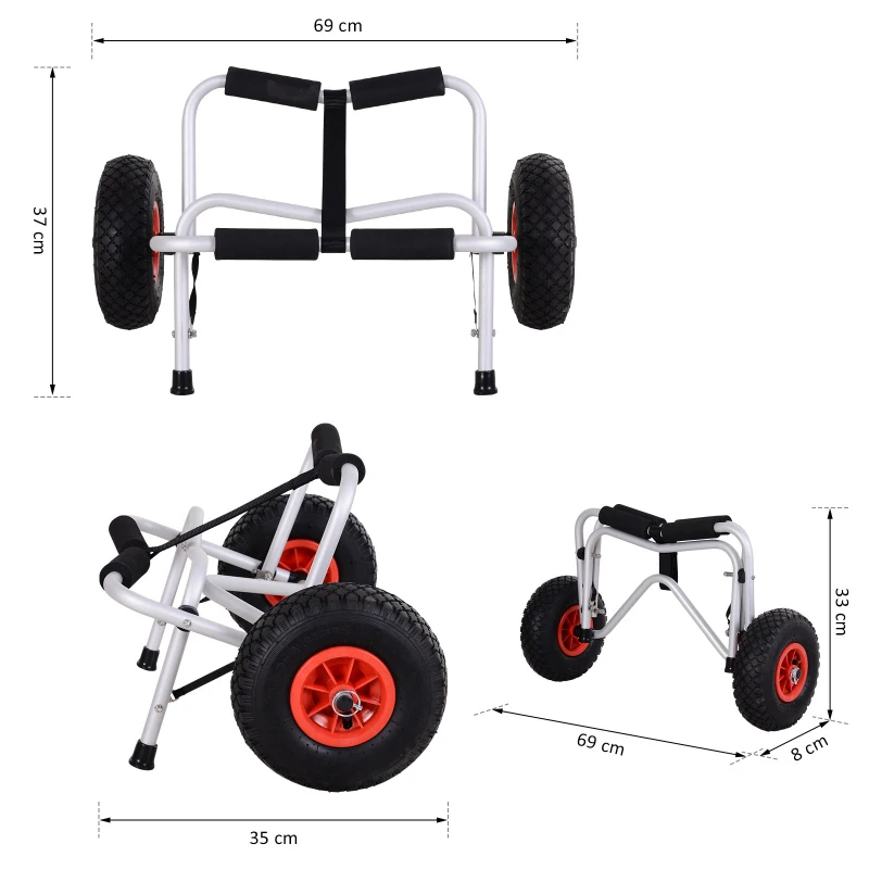 Carro para Kayak y Canoa Plegable Carretilla de Transporte Pequeña con 2 Ruedas Grandes y Cuerda 69x35x37cm