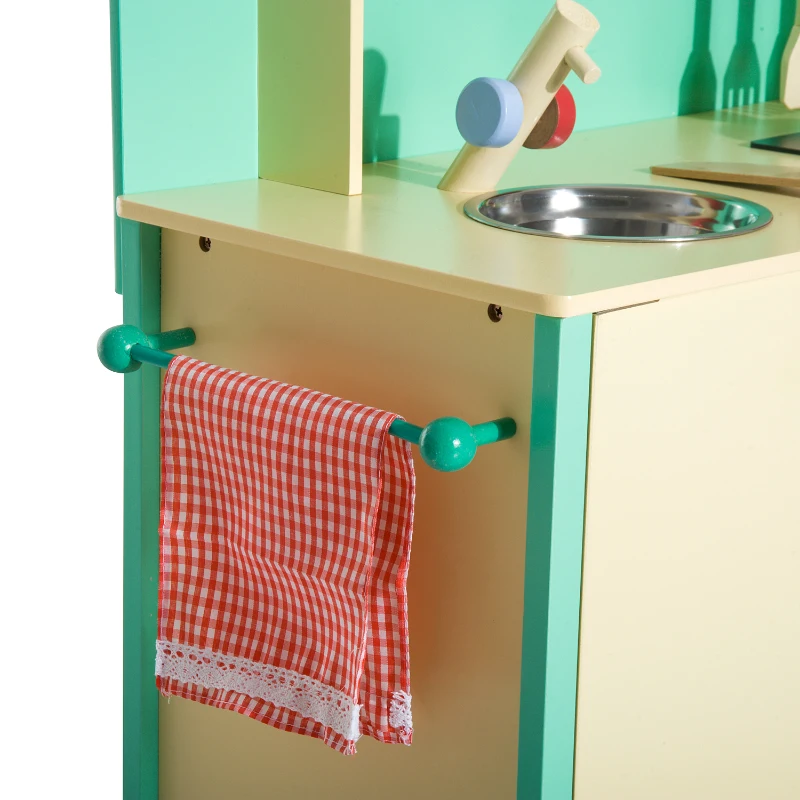 HOMCOM Cocinita de Juguete de Madera con 12 Accesorios 70x30x88cm para Niños + 3 Años Color Verde