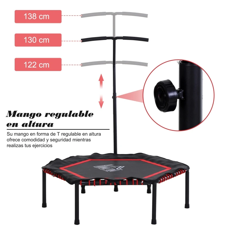 HOMCOM Trampolín Profesional Cama Elástica Multifuncional Hexagonal para Entrenamiento de Fuerza 122/130/138cm Manillar Regulable 3 Niveles Altura Rojo