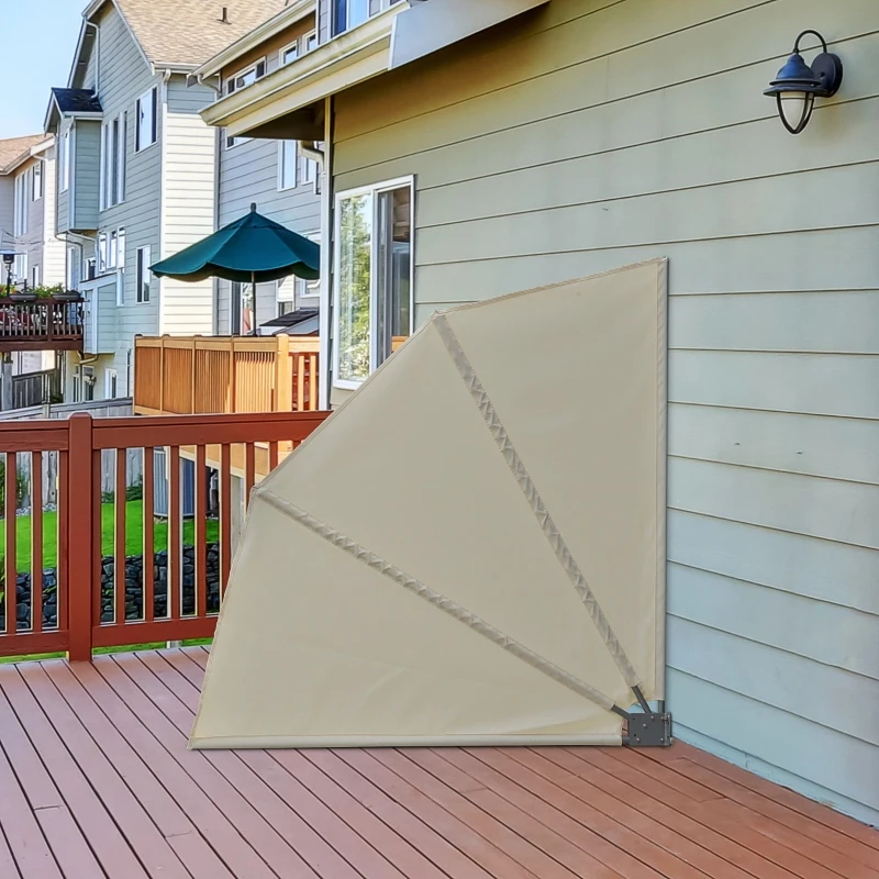 Outsunny Toldo Lateral Plegable de Balcón 120x120 cm en Forma de Abanico Aluminio con Soporte de Pared para Suelo Terraza Patio Beige
