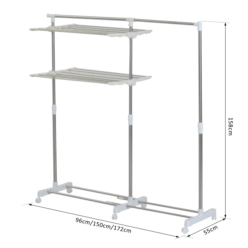 HOMCOM Perchero Burro Ajustable de Ropa Perchero Multiuso con Ruedas y Frenos Tendedero para Secado de Ropa Tubos de Acero Inoxidable 172x55x158cm