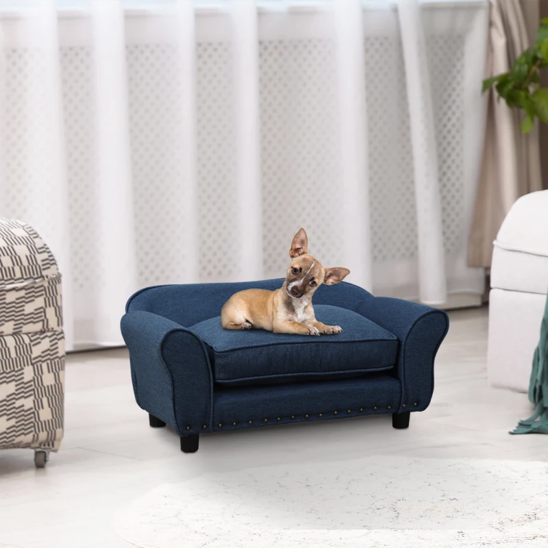 PawHut Stylish Linen Pet Sofa w/ Wood Frame Metal Studding Cushion Legs Dog Cat Blue